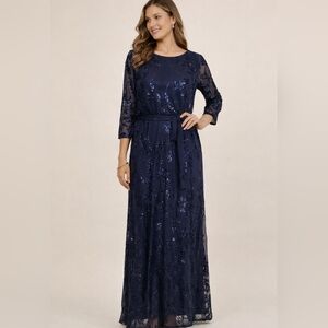 Baltic Born Navy Sequin Lace Maxi Dress with Waist Tie